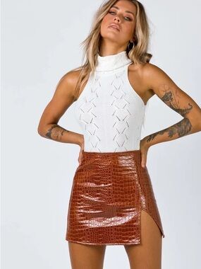 Motel Rocks Croc-Effect High-Shine Mini Skirt in Chestnut Brown